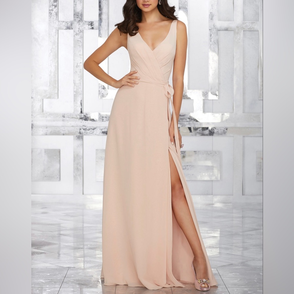 Morilee Chiffon Bridesmaid Dress with Tie Sash STYLE #21532 size 2 in Champagne